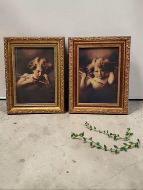 Vintage 1897 Cupid Asleep & Awake MB Parkinson Print In Ornate Golden Frame